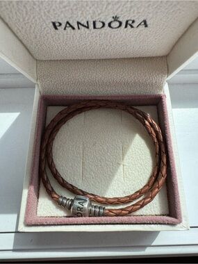 Pandora Brown Braided Double-Wrap Leather Bracelet with Silver Clasp